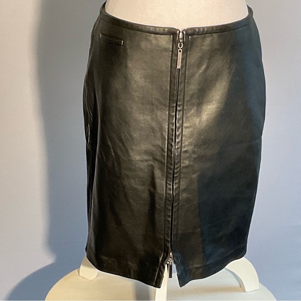 Express Genuine Leather Skirt 7/8 Black Midi Zip Front 2-Way Zipper - Picture 13 of 16